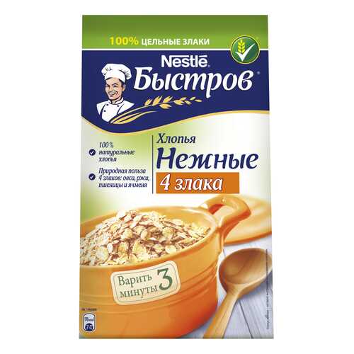 Хлопья овсяные Быстров 4 злака с добавлением ржаных, пшеничных, ячменных хлопьев 350 г в Верный